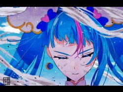 Rule 34 | 1girl, aoi tete, artist logo, blue hair, blue sky, closed eyes, cloud, cloudy sky, commentary, cure sky, cut bangs, day, earrings, highres, hirogaru sky! precure, jewelry, letterboxed, long hair, magical girl, multicolored hair, outdoors, parted lips, pink hair, precure, single sidelock, sky, smoke, solo, sora harewataru, streaked hair, sweat, twintails, wind, wing hair ornament