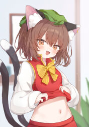 1girl :d absurdres animal_ear_fluff animal_ear_piercing animal_ears blurry blurry_background blush bow bowtie breasts brown_eyes brown_hair cat_ears cat_tail chaki_(kinaneko2149) chen clothes_lift commentary_request cowboy_shot dot_nose double-parted_bangs earrings fang frills hat highres indoors jewelry lifting_own_clothes long_sleeves looking_at_viewer midriff mob_cap multiple_tails navel nekomata open_mouth plant potted_plant puffy_long_sleeves puffy_sleeves red_skirt red_vest shirt_lift short_hair single_earring skin_fang skirt skirt_set sleeves_past_wrists small_breasts smile solo tail touhou two_tails vest yellow_bow yellow_bowtie