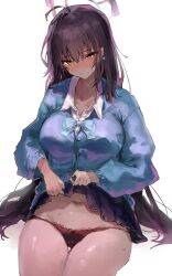 Rule 34 | 1girl, ahoge, black hair, black panties, blue archive, blue cardigan, blush, bow, bowtie, breasts, cardigan, clothes lift, collarbone, dark-skinned female, dark skin, halo, highres, inusaka, karin (blue archive), large breasts, lifted by self, long hair, looking at viewer, loose bowtie, navel, open collar, panties, school uniform, simple background, skirt, skirt lift, solo, straight hair, sweat, underwear, very long hair, white background, yellow eyes