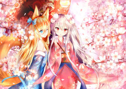 Rule 34 | 2girls, alternate costume, alternate hairstyle, animal ears, arm at side, arrow (projectile), bare shoulders, blonde hair, blue bow, blue eyes, blue kimono, blue ribbon, blush, bow, breasts, cherry blossoms, collarbone, detached sleeves, floating hair, floral print, flower, fox ears, fox tail, fur-trimmed kimono, fur trim, g41 (girls&#039; frontline), girls&#039; frontline, hair between eyes, hair bow, hair flower, hair ornament, hair ribbon, heterochromia, highres, holding, holding umbrella, japanese clothes, kar98k (girls&#039; frontline), kimono, long hair, long sleeves, looking at viewer, medium breasts, multiple girls, obi, off shoulder, oil-paper umbrella, one eye closed, open mouth, outdoors, pink kimono, red eyes, ribbon, sash, sleeves past wrists, small breasts, smile, tail, umbrella, very long hair, white hair, wide sleeves, wind, wind lift, yoko (yang-tzu)