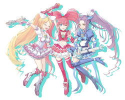 Rule 34 | 10s, 3girls, ;p, arm up, bad id, bad pixiv id, blonde hair, blue eyes, blue footwear, blue skirt, blue thighhighs, boots, bow, brooch, choker, closed eyes, crazyzoe, cure beat, cure melody, cure rhythm, earrings, fantastic belltier, frills, full body, guitar, hair bow, hairband, highres, houjou hibiki, instrument, jewelry, knee boots, kurokawa eren, long hair, love guitar rod, magical girl, minamino kanade, miracle belltier, multiple girls, one eye closed, pink bow, pink hair, pink legwear, precure, purple hair, seiren (suite precure), shadow, side ponytail, skirt, smile, suite precure, thigh boots, thighhighs, tongue, tongue out, twintails, wand, white background, wink, wrist cuffs, yellow eyes