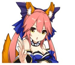 Rule 34 | 1girl, animal ear fluff, animal ears, bare shoulders, blue bow, blue kimono, blue ribbon, bow, breasts, cleavage, detached sleeves, fate/extella, fate/extra, fate/extra ccc, fate/grand order, fate (series), fox ears, fox girl, fox tail, hair ribbon, japanese clothes, kimono, large breasts, looking at viewer, open mouth, pink hair, rhy1356, ribbon, simple background, solo, split ponytail, tail, tamamo (fate), tamamo no mae (fate/extra), transparent background, yellow eyes