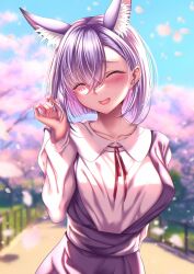 Rule 34 | 1girl, :d, ^ ^, absurdres, animal ear fluff, animal ears, blurry, blurry background, blush, breasts, cherry blossoms, closed eyes, closed mouth, collarbone, collared shirt, day, extra ears, facing viewer, fox ears, fox girl, hair between eyes, highres, indie virtual youtuber, kamishiro natsume, kitsune, large breasts, long sleeves, medium hair, open mouth, outdoors, petals, playing with own hair, purple hair, rairaisuruyo, shirt, smile, solo, upper body, virtual youtuber, white shirt
