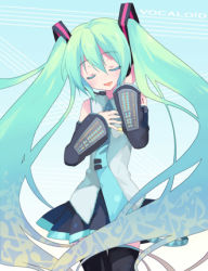 Rule 34 | 1girl, bad id, bad pixiv id, breast suppress, closed eyes, detached sleeves, gradient hair, green hair, hair ribbon, hand on own ear, hand on own ear, hatsune miku, jpeg artifacts, koto (colorcube), long hair, lowres, multicolored hair, music, musical note, necktie, quaver, ribbon, singing, skirt, smile, solo, thighhighs, twintails, vocaloid