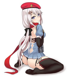 Rule 34 | 1girl, 9a-91 (girls&#039; frontline), ammunition pouch, ass, beret, black thighhighs, blue eyes, girls&#039; frontline, gloves, hair ornament, hair ribbon, hat, highres, long hair, long sleeves, looking at viewer, looking back, panties, poorgom, pouch, puffy short sleeves, puffy sleeves, red hat, red scarf, revision, ribbon, scarf, short sleeves, side-tie panties, sitting, solo, thighhighs, underwear, very long hair, wariza, white background, white hair