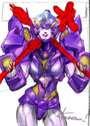 Rule 34 | 1girl, artist request, autobot, blue eyes, dual wielding, holding, looking down, nautica (transformers), over shoulder, purple lips, signature, sketch, solo, the transformers (idw), third-party source, transformers