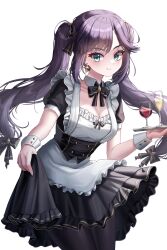 Rule 34 | 1girl, absurdres, alternate costume, apron, black bow, black bowtie, black pantyhose, bow, bowtie, breasts, cleavage, closed mouth, collarbone, cup, detached collar, dress, drinking glass, earrings, enmaided, floating hair, frilled dress, frills, genshin impact, green eyes, highres, holding, holding tray, jewelry, long hair, looking at viewer, maid, medium breasts, mona (genshin impact), nq (nnq q), pantyhose, puffy short sleeves, puffy sleeves, purple hair, short sleeves, simple background, skirt hold, smile, solo, star (symbol), star earrings, tray, twintails, very long hair, white apron, white background, wine glass