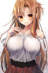 Rule 34 | 1girl, asuna (sao), bad id, bad pixiv id, blush, braid, breasts, brown eyes, brown hair, brown skirt, closed mouth, collarbone, commentary request, gradient background, grey background, hair between eyes, hand up, highres, large breasts, long hair, looking at viewer, off-shoulder shirt, off shoulder, one side up, pleated skirt, puffy short sleeves, puffy sleeves, ramchi, shirt, short sleeves, signature, skirt, smile, solo, sword art online, very long hair, white background, white shirt