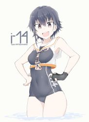 Rule 34 | :d, asymmetrical hair, black hair, black one-piece swimsuit, brown eyes, character name, clothes writing, commentary, crop top, english text, framed breasts, gloves, hair between eyes, hand on own hip, i-14 (kancolle), kantai collection, neckerchief, one-piece swimsuit, open mouth, partially fingerless gloves, sailor collar, school swimsuit, shigino sohuzi, shirt, short hair, simple background, single glove, smile, solo, swimsuit, water, white background