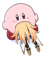 Rule 34 | 1girl, black pantyhose, blonde hair, blue eyes, blush, blush stickers, crossover, from above, full body, gloves, kirby, kirby (series), long hair, lower body, mythra (massive melee) (xenoblade), mythra (xenoblade), nintendo, open mouth, pantyhose, paskmel, shoes, simple background, skirt, super smash bros., thigh strap, very long hair, vore, white background, white gloves, white skirt, xenoblade chronicles (series), xenoblade chronicles 2, yellow footwear