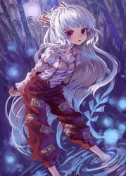 Rule 34 | 1girl, absurdres, acrylic paint (medium), ama-tou, arm hug, arms behind back, bamboo, bamboo forest, barefoot, blush, bow, female focus, forest, fujiwara no mokou, full moon, hair bow, highres, leaning forward, long hair, moon, nature, painting (medium), pants, red eyes, ripples, silver hair, solo, staring, suspenders, touhou, traditional media, very long hair, wading, water
