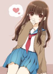 Rule 34 | 1girl, blue sailor collar, blue skirt, blush, brown eyes, brown hair, cardigan, covering own mouth, d.va (overwatch), facial mark, hand over own mouth, heart, highres, kaoruru (sakuno2911), long hair, necktie, overwatch, overwatch 1, pink background, pleated skirt, red necktie, sailor collar, shirt, signature, simple background, sitting, skirt, solo, thought bubble, white shirt