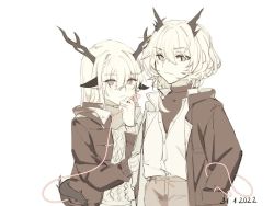 Rule 34 | 2girls, alina (arknights), animal ears, antlers, arknights, clistrd, commentary, dated, deer antlers, deer ears, deer girl, dragon girl, dragon horns, dragon tail, english commentary, hair between eyes, horns, jacket, long sleeves, looking at viewer, monochrome, multiple girls, open clothes, open jacket, pants, sepia, shirt, simple background, smile, string, string of fate, tail, tail around waist, talulah (arknights), upper body, v-shaped eyebrows, vest, white background