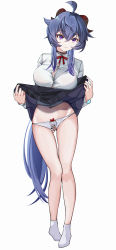 Rule 34 | 1girl, absurdres, ahoge, black skirt, blue hair, bow, bow panties, bowtie, breasts, button gap, cameo, character print, choker, closed mouth, clothes lift, collared shirt, contemporary, dress shirt, full body, ganyu (genshin impact), genshin impact, gluteal fold, groin, hair between eyes, highres, horns, large breasts, lifted by self, long hair, long sleeves, looking at viewer, miniskirt, no shoes, paimon (genshin impact), panties, pleated skirt, print panties, purple eyes, red bow, red bowtie, shirt, sidelocks, simple background, skirt, skirt lift, socks, solo, standing, stomach, suyujiu u, thigh gap, two-sided fabric, underwear, very long hair, white background, white panties, white shirt, white socks