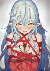 Rule 34 | 1girl, ahoge, blue hair, blush, bound, box, braid, breasts, chocolate, chocolate on body, chocolate on breasts, empty eyes, food on body, hair between eyes, heart-shaped box, hololive, large breasts, long hair, looking at viewer, multicolored hair, naked ribbon, open mouth, pointy ears, ribbon, ribbon bondage, side braid, solo, streaked hair, valentine, very long hair, virtual youtuber, wasami, wavy mouth, wrapped up, yellow eyes, yukihana lamy