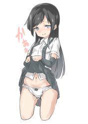Rule 34 | 10s, 1girl, 3:, arm warmers, asashio (kancolle), bad id, bad twitter id, black hair, blue eyes, blush, bow, bow panties, breasts, closed mouth, clothes lift, collared shirt, cowboy shot, cropped legs, ebifurya, eyebrows, highres, inactive account, kantai collection, lifted by self, long hair, looking away, navel, nose blush, panties, shirt, short sleeves, sidelocks, simple background, skirt, skirt lift, small breasts, solo, stomach, suspender skirt, suspenders, underwear, white background, white panties, white shirt