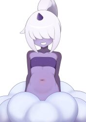 Rule 34 | 1girl, bandeau, cloud, colored skin, commentary, dazzi, english commentary, grin, hair over eyes, high ponytail, highres, horns, leaning back, looking at viewer, mikoscrub, navel, pal (creature), palworld, purple bandeau, purple horns, purple skin, purple tube top, sidelocks, simple background, single horn, smile, solo, strapless, symbol-only commentary, tube top, variant set, white background, white hair