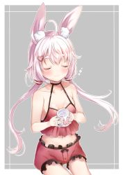 Rule 34 | 1girl, ahoge, animal ear fluff, animal ears, bare arms, bare shoulders, black choker, blush, camisole, choker, closed eyes, closed mouth, collarbone, cup, facing viewer, fang, fang out, fingernails, frilled shorts, frills, grey background, hair between eyes, hair ornament, heart, heart hair ornament, highres, holding, holding cup, long hair, low twintails, mashiro aa, midriff, mug, nail polish, navel, pink hair, print mug, rabbit ears, red camisole, red nails, red shorts, short eyebrows, short shorts, shorts, sitting, smile, solo, thick eyebrows, tomari mari, tomari mari channel, twintails, two-tone background, very long hair, virtual youtuber, white background