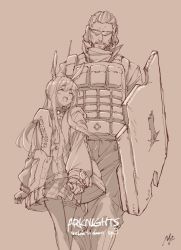 Rule 34 | 1boy, 1girl, :d, ace (arknights), amiya (arknights), animal ears, arknights, ascot, beard, bulletproof vest, clothes writing, coat, copyright name, facial hair, height difference, highres, holding, holding shield, long hair, long sleeves, miniskirt, monochrome, open clothes, open coat, open mouth, pants, parted lips, plaid, plaid skirt, pleated skirt, rabbit ears, sepia, shield, sidelocks, signature, skirt, smile, sunglasses, thighlet, walking, watanabe yuuki
