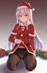 Rule 34 | 1girl, alternate costume, black pantyhose, cai geng, capelet, christmas, clothes lift, fur trim, gloves, hat, kantai collection, kneeling, lifted by self, long hair, merry christmas, panties, panties under pantyhose, pantyhose, santa costume, santa hat, shoukaku (kancolle), skirt, skirt lift, solo, underwear, white gloves