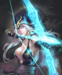 Rule 34 | 1girl, armor, arrow (projectile), ashe (league of legends), aura, blue eyes, bow (weapon), breasts, bridal gauntlets, cape, cleavage, drawing bow, elbow gloves, gloves, holding, holding bow (weapon), holding weapon, hood, large breasts, league of legends, lips, long hair, looking at viewer, pauldrons, pointing, pointing at viewer, scotishfold, shoulder armor, sideboob, solo, weapon, white hair