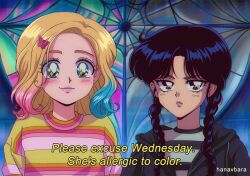 Rule 34 | + +, 1980s (style), 2girls, addams family, animification, black hoodie, blonde hair, blue eyes, blue hair, blush, braid, brown eyes, butterfly hair ornament, colored tips, commentary, english commentary, enid sinclair, hair ornament, hanavbara, hood, hood down, hoodie, long hair, looking at viewer, multicolored hair, multiple girls, oldschool, pink hair, pink lips, portrait, retro artstyle, shirt, smile, striped clothes, striped shirt, twin braids, wednesday (netflix), wednesday addams