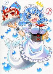 Rule 34 | ..., 2girls, ;d, alternate costume, apron, blue eyes, blue hair, blush stickers, bow, breasts, colored eyelashes, covered erect nipples, disembodied head, fins, hair bow, head fins, headdress, highres, jitome, kawachi koorogi, large breasts, long sleeves, looking at viewer, marker (medium), menu, mermaid, monster girl, multiple girls, musical note, one eye closed, open mouth, quaver, red eyes, red hair, sekibanki, short hair, smile, spoken musical note, touhou, traditional media, waitress, wakasagihime, wink, wrist cuffs