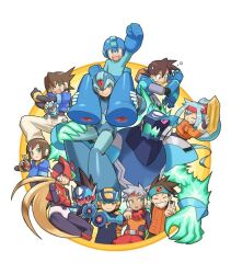 aile_(mega_man_zx) arm_cannon armor bandana brown_hair capcom carrying carrying_person child crossover formal_clothes geo_stelar_(mega_man) grey_(mega_man) helmet lan_hikari_(mega_man) mega_man_(character) mega_man_(series) mega_man_battle_network mega_man_legends mega_man_legends_(series) mega_man_star_force_(series) mega_man_volnutt mega_man_x_(series) mega_man_zero_(series) mega_man_zero_2 mega_man_zx megaman.exe omega-xis_(mega_man) robot_boy smile suit vent_(mega_man) weapon x_(mega_man) zero_(mega_man)