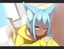 Rule 34 | 1girl, absurdres, animal ear fluff, animal ears, bad id, bad pixiv id, barefoot, blue hair, blurry, blurry background, blush, brown eyes, closed mouth, commentary request, couch, curtains, depth of field, drawstring, highres, hood, hood down, hoodie, idaten93, indoors, leg up, letterboxed, long sleeves, looking at viewer, lying, on couch, on stomach, original, sleeves past wrists, solo, window, yellow hoodie