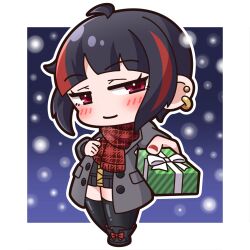 Rule 34 | 1girl, absurdres, ahoge, black footwear, black hair, black jacket, black thighhighs, blush, boots, box, chibi, closed mouth, coat, commentary request, ear piercing, fringe trim, full body, gift, gift box, grey coat, half-closed eyes, highres, holding, holding gift, jacket, long sleeves, looking at viewer, multicolored hair, nail polish, open clothes, open coat, original, outline, piercing, plaid, plaid scarf, red eyes, red hair, red nails, red scarf, saishosaisekojo, scarf, smile, snowing, solo, standing, streaked hair, thighhighs, thighhighs under boots, unmoving pattern, white outline