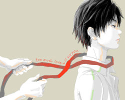 Rule 34 | 1boy, black hair, blue eyes, english text, from side, garrote, male focus, oekaki, original, out of frame, re:i, red ribbon, ribbon, simple background, solo focus, spot color, tan background