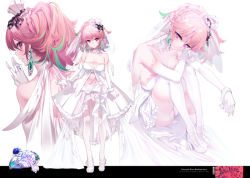 Rule 34 | 1girl, ass, bare shoulders, breasts, bridal veil, cleavage, clothing cutout, comiket 100, dress, elbow gloves, from behind, gloves, green hair, high heels, hololive, hololive english, jewelry, large breasts, long hair, looking at viewer, looking back, multiple views, nape, navel cutout, orange hair, projected inset, purple eyes, ring, showgirl skirt, sitting, smile, takanashi kiara, thighhighs, veil, virtual youtuber, wedding dress, white footwear, white gloves, white thighhighs, yaguo