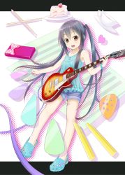Rule 34 | 1girl, bad id, bad pixiv id, black hair, brown eyes, cake, cake slice, casual, crocs, cup, drumsticks, electric guitar, food, fruit, gotou hisashi, guitar, halftone, halftone background, heart, highres, instrument, k-on!, letterboxed, long hair, nakano azusa, outside border, plate, plectrum, solo, strawberry, strawberry shortcake, teacup, twintails