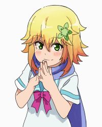 Rule 34 | 1girl, bad id, bad pixiv id, blonde hair, blush, commentary, fingers together, flower, fr33, gabriel dropout, green eyes, hair flaps, hair flower, hair ornament, highres, looking at viewer, scarf, school uniform, serafuku, short hair with long locks, smile, solo, tapris chisaki sugarbell, upper body