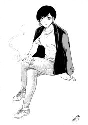 Rule 34 | 1girl, :o, arm support, bad id, bad pixiv id, breasts, cigarette, collarbone, commentary, crossed legs, denim, earrings, fingernails, full body, greyscale, highres, holding, holding cigarette, jacket, jacket on shoulders, jeans, jewelry, looking at viewer, medium breasts, monochrome, nikaidou kou, original, pants, parted lips, shirt, shoes, short hair, short sleeves, signature, simple background, sitting, smoke, solo, white background