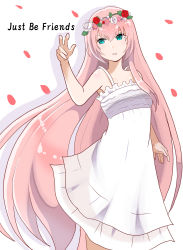 Rule 34 | 1girl, absurdly long hair, absurdres, aqua eyes, artist request, bare arms, bare shoulders, dress, falling petals, head wreath, highres, just be friends (vocaloid), long dress, long hair, megurine luka, nose, pale skin, petals, pink hair, solo, song name, spaghetti strap, very long hair, vocaloid, white dress