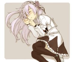 Rule 34 | 1girl, black footwear, black skirt, blush, boots, butterfly hair ornament, chaika trabant, closed mouth, frilled skirt, frills, grey background, hair between eyes, hair ornament, hare (haaale), hitsugi no chaika, long hair, long sleeves, lying, miniskirt, on side, silver hair, skirt, sleeping, solo, thigh boots, thighhighs, two-tone background, very long hair, white background
