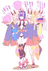 Rule 34 | 2girls, ankle ribbon, barefoot sandals (jewelry), blonde hair, bob cut, commentary request, cup, dated, eyeliner, fangs, fate/grand order, fate (series), food, fruit, gourd, grapes, heart, horns, ibaraki douji (fate), japanese clothes, kimono, leg ribbon, makeup, multiple girls, off shoulder, open clothes, open kimono, open mouth, pointy ears, pom pom (cheerleading), purple eyes, purple hair, ribbon, sakazuki, sharp toenails, short hair, short kimono, shuten douji (fate), signature, skin-covered horns, smile, sparkle, titiduki (manman-ya), toenails, translation request, yellow eyes