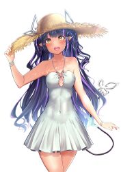 Rule 34 | 1girl, absurdres, alternate costume, black hair, blunt bangs, blush, bracelet, breasts, commentary request, covered navel, cowboy shot, demon girl, demon horns, demon tail, dress, hand on headwear, hat, highres, horns, horns through headwear, jewelry, kojo anna, long hair, looking at viewer, medium bangs, medium breasts, multicolored hair, nanashi inc., open mouth, pointy ears, purple hair, robou no stone, simple background, sleeveless, sleeveless dress, smile, solo, straw hat, sun hat, tail, transparent background, twintails, two-tone hair, virtual youtuber, white dress, yellow eyes