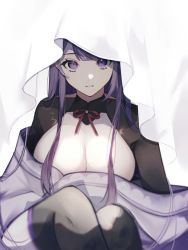 Rule 34 | 1girl, 6ta6tam, breasts, cleavage, cloak, commentary request, flower, genshin impact, hair ornament, highres, hood, hood up, huge breasts, japanese clothes, kimono, long hair, looking at viewer, mole, mole under eye, open mouth, parted lips, purple eyes, purple hair, raiden shogun, ribbon, simple background, solo, thighhighs, white background, white cloak