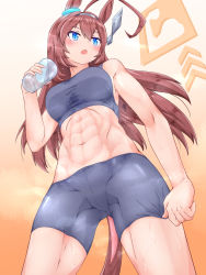 Rule 34 | 1girl, abs, absurdres, ahoge, animal ears, bare shoulders, bike shorts, bike shorts pull, black sports bra, blue eyes, blush, breasts, brown hair, commentary request, cowboy shot, cup, ear ornament, from below, grey hairband, groin, hair between eyes, hairband, hand up, highres, holding, holding cup, horse ears, horse girl, horse tail, long hair, looking to the side, medium breasts, midriff, mihono bourbon (umamusume), navel, open mouth, sidelocks, solo, sports bra, standing, steam, sweat, tail, taut clothes, umamusume, yanejou no tabibito
