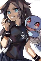 1girl black_shirt black_wristband blue_eyes creatures_(company) game_freak gen_1_pokemon holding holding_poke_ball leaf_(pokemon) long_hair looking_at_viewer nintendo parted_lips pleated_skirt poke_ball poke_ball_(basic) pokemon pokemon_(creature) pokemon_frlg red_eyes shirt short_sleeves signature simple_background skirt squirtle white_background yasaikakiage