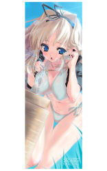 Rule 34 | 00s, 1girl, adjusting hair, bent over, bikini, blonde hair, blue eyes, blush, breasts, cleavage, covered erect nipples, drinking, drinking fountain, hair ribbon, hanging breasts, jacket, kusugawa sasara, large breasts, leaning forward, long hair, long image, looking at viewer, open clothes, open jacket, open mouth, ribbon, side-tie bikini bottom, solo, stick poster, swimsuit, tall image, thigh gap, thighs, to heart (series), to heart 2, urotan, water, wet, white bikini, wind