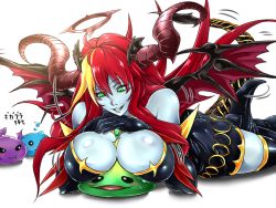 Rule 34 | 1girl, bare shoulders, black thighhighs, blue skin, blush, boots, breast rest, breasts, colored skin, demon girl, demon tail, green eyes, hera (p&amp;d), horns, jewelry, large breasts, looking at viewer, necklace, puzzle &amp; dragons, red eyes, smile, sweatdrop, tail, thigh boots, thighhighs, yamaneko