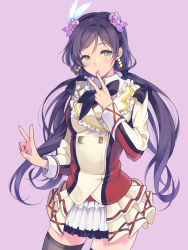 Rule 34 | 1girl, double v, feather hair ornament, green eyes, hair ornament, highres, kate iwana, long hair, love live!, love live! school idol project, low twintails, purple background, purple hair, simple background, solo, sore wa bokutachi no kiseki, tojo nozomi, twintails, v