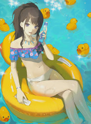 Rule 34 | 1girl, afloat, bad id, bad pixiv id, bikini, crossed legs, drink, highres, holding, holding drink, idolmaster, idolmaster shiny colors, innertube, kazano hiori, looking at viewer, mole, mole under mouth, open mouth, ponytail, pool, purple eyes, ramune, rubber duck, sidelocks, solo, spung, swim ring, swimsuit, water