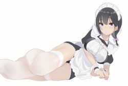 Rule 34 | 1girl, apron, black hair, black panties, breasts, highres, long hair, looking at viewer, lying, maid, maid apron, maid headdress, on side, original, panties, purple eyes, simple background, solo, thighhighs, underwear, unimon e, white background, white thighhighs, wrist cuffs