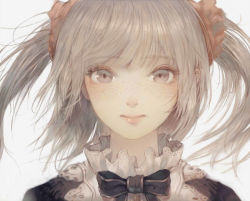 Rule 34 | 1girl, bad id, bad twitter id, black bow, blush, bow, closed mouth, expressionless, freckles, grey eyes, grey hair, hisabosi, long hair, looking at viewer, portrait, solo, twintails, upper body