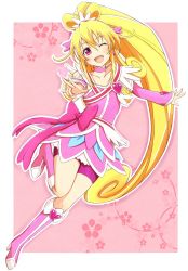Rule 34 | 1girl, :d, ;d, aida mana, bike shorts, blonde hair, blush, boots, bow, brooch, cure heart, dokidoki! precure, floral print, half updo, heart, heart brooch, highres, knee boots, looking at viewer, one eye closed, open mouth, outstretched arms, pink background, pink bow, pink eyes, pink footwear, ponytail, precure, smile, solo, v, wakataku, wink