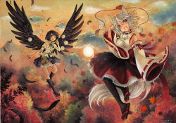 Rule 34 | 2girls, animal ears, artist name, autumn, autumn leaves, black hair, black wings, breasts, cloud, dated, detached sleeves, feathers, flying, forest, geta, hat, inubashiri momiji, leaf, light particles, looking at viewer, maple leaf, mosho, mountain, multiple girls, nature, one eye closed, open mouth, pantyhose, pom pom (clothes), red eyes, scenery, shameimaru aya, short hair, sideboob, signature, skirt, sky, smile, sun, sunset, tail, tengu-geta, tokin hat, touhou, white hair, wings, wolf tail